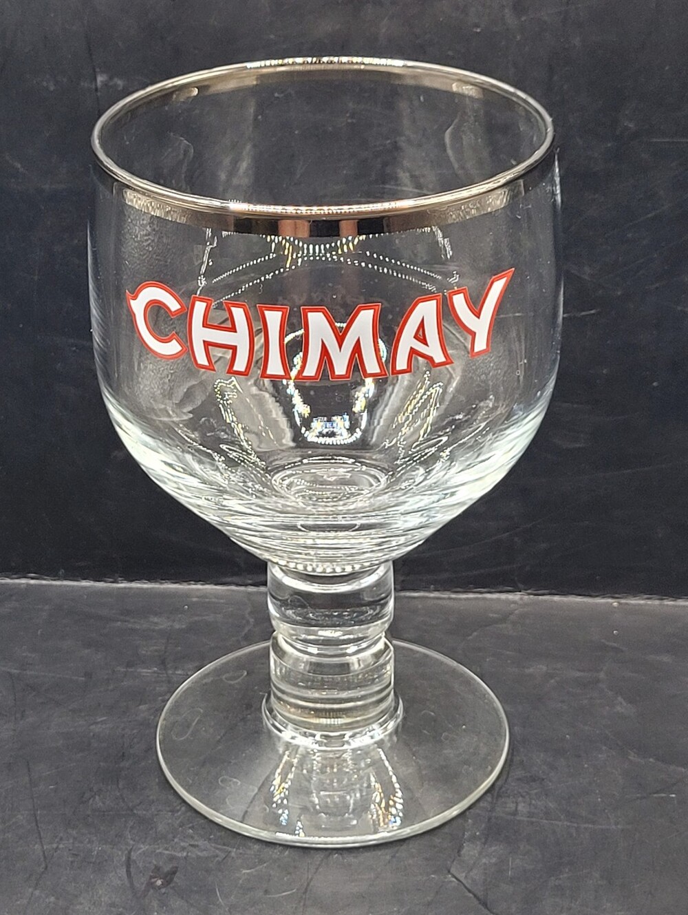 Chimay Belgian Beer Goblet Chalice Glass Silver Rim 6 Inch